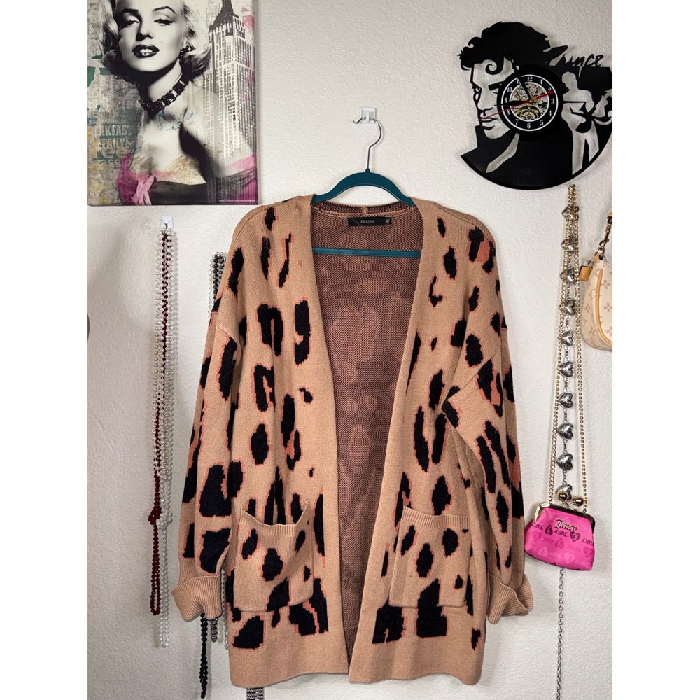 Zesica Womens Leopard Print Open Front Cardigan Tan Black XL Oversized Sweater